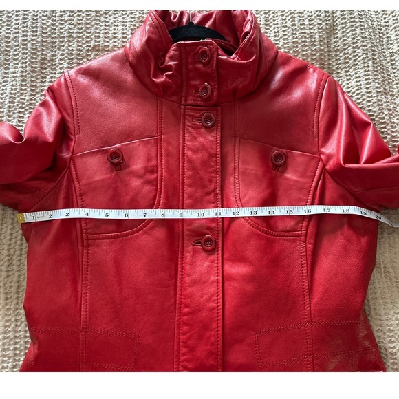 DANIER Red Italian Leather Jacket Women M/M‎ Funnel Neck Button Front Pockets - Picture 5 of 9